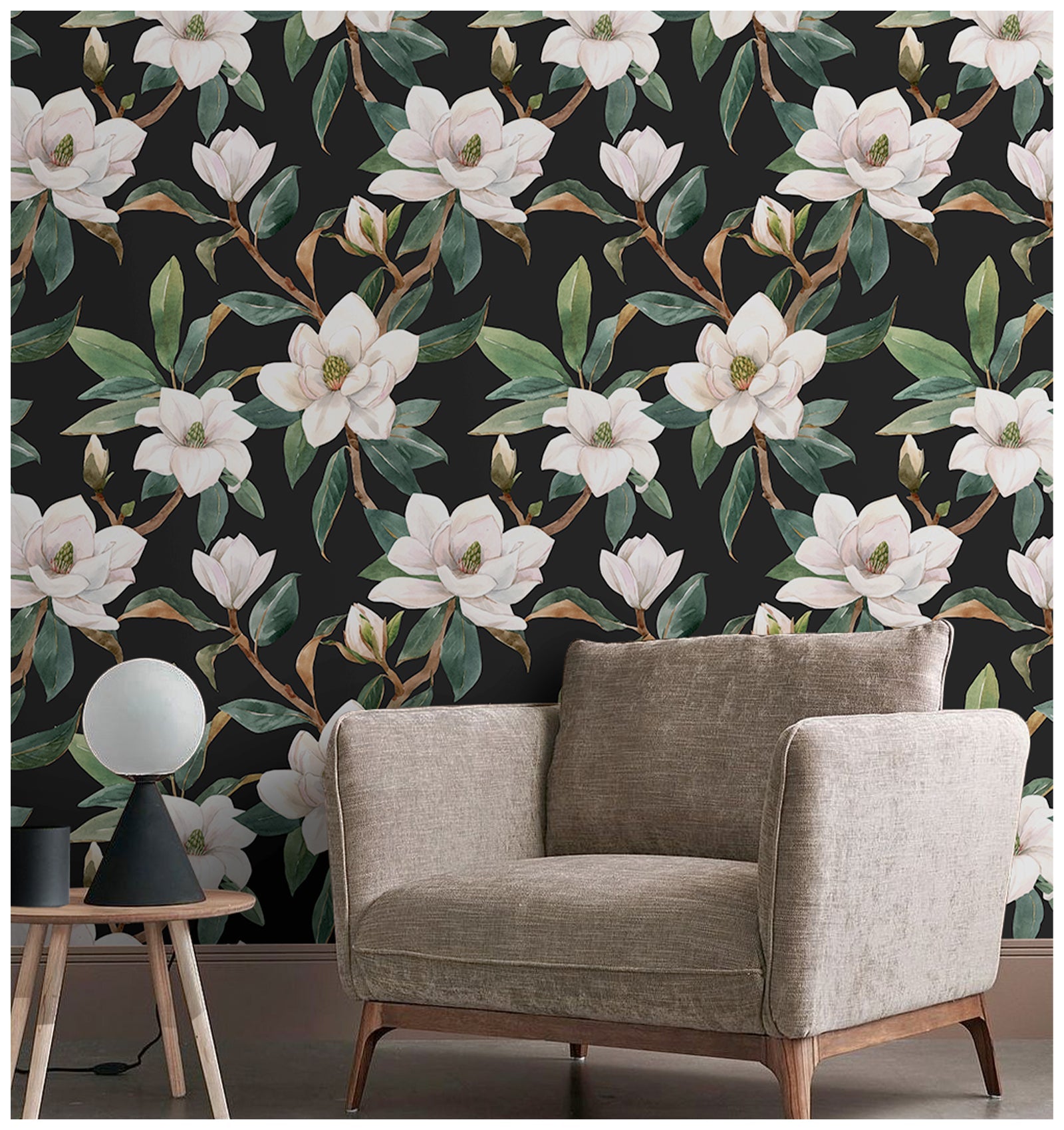 Floralplus Wallpaper Peel and Stick White Magnolia Floral Black Botanical Wall Decor Removable Self Adhesive Wall Mural for Bedroom Living Room Bathroom