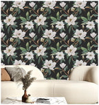 Floralplus Wallpaper Peel and Stick White Magnolia Floral Black Botanical Wall Decor Removable Self Adhesive Wall Mural for Bedroom Living Room Bathroom