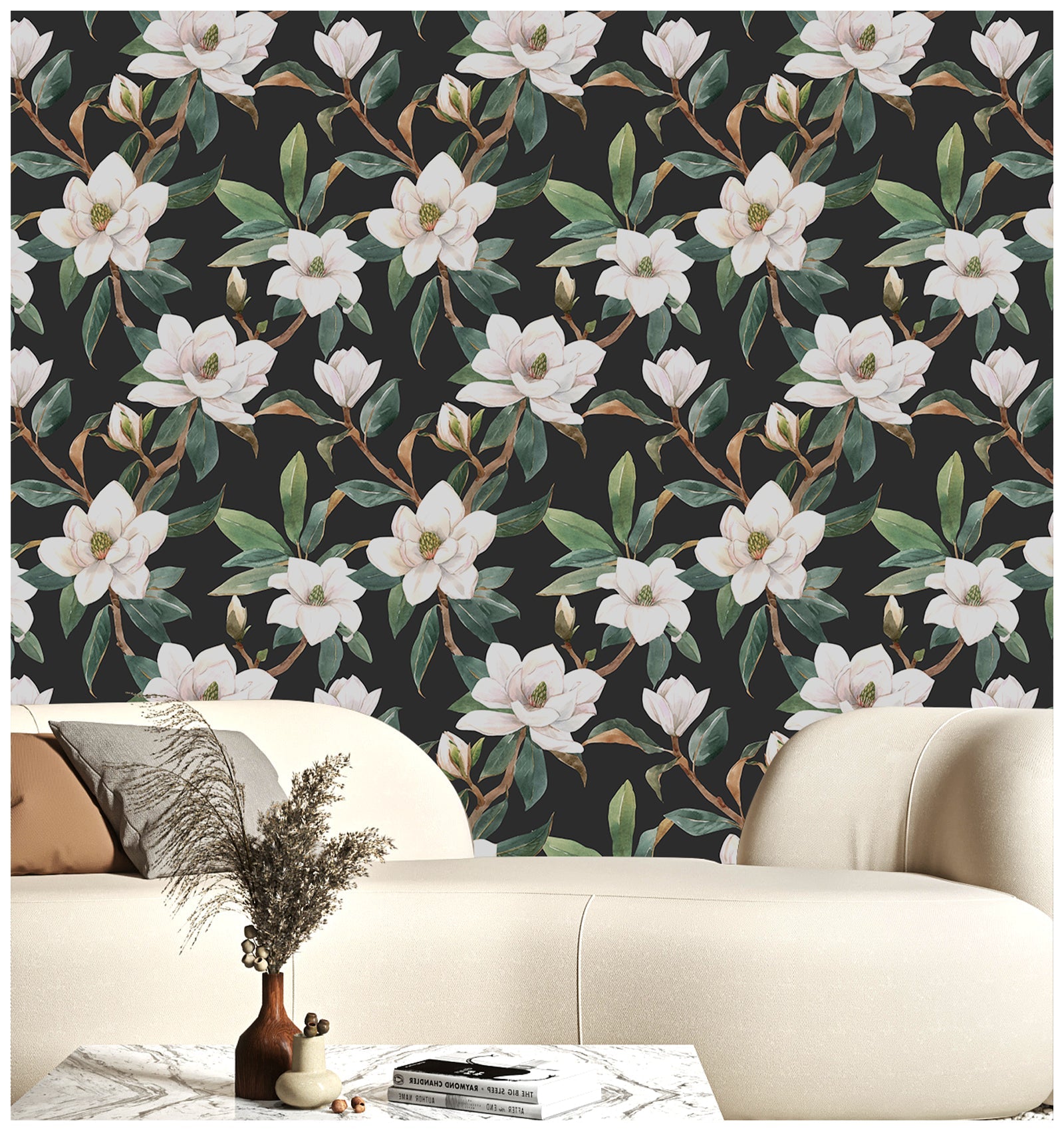Floralplus Wallpaper Peel and Stick White Magnolia Floral Black Botanical Wall Decor Removable Self Adhesive Wall Mural for Bedroom Living Room Bathroom