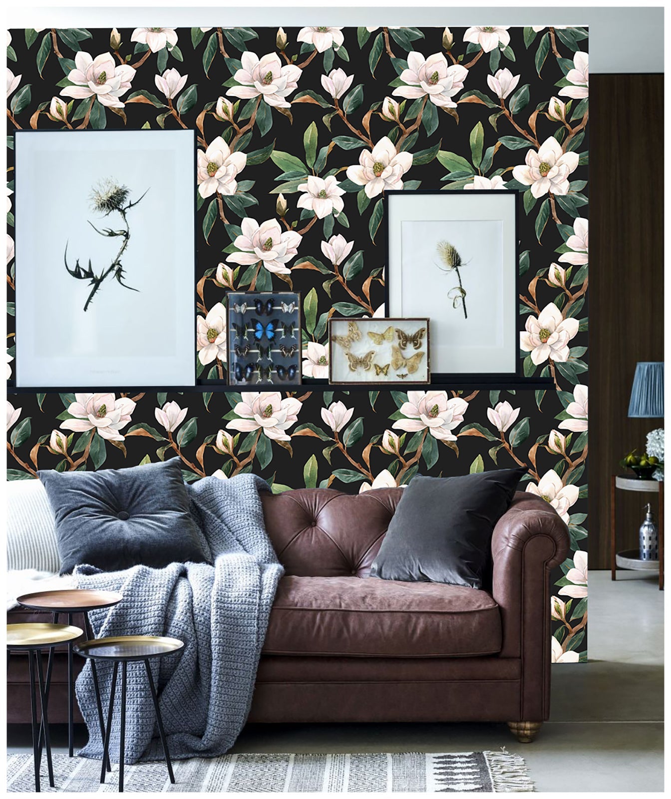 Floralplus Wallpaper Peel and Stick White Magnolia Floral Black Botanical Wall Decor Removable Self Adhesive Wall Mural for Bedroom Living Room Bathroom