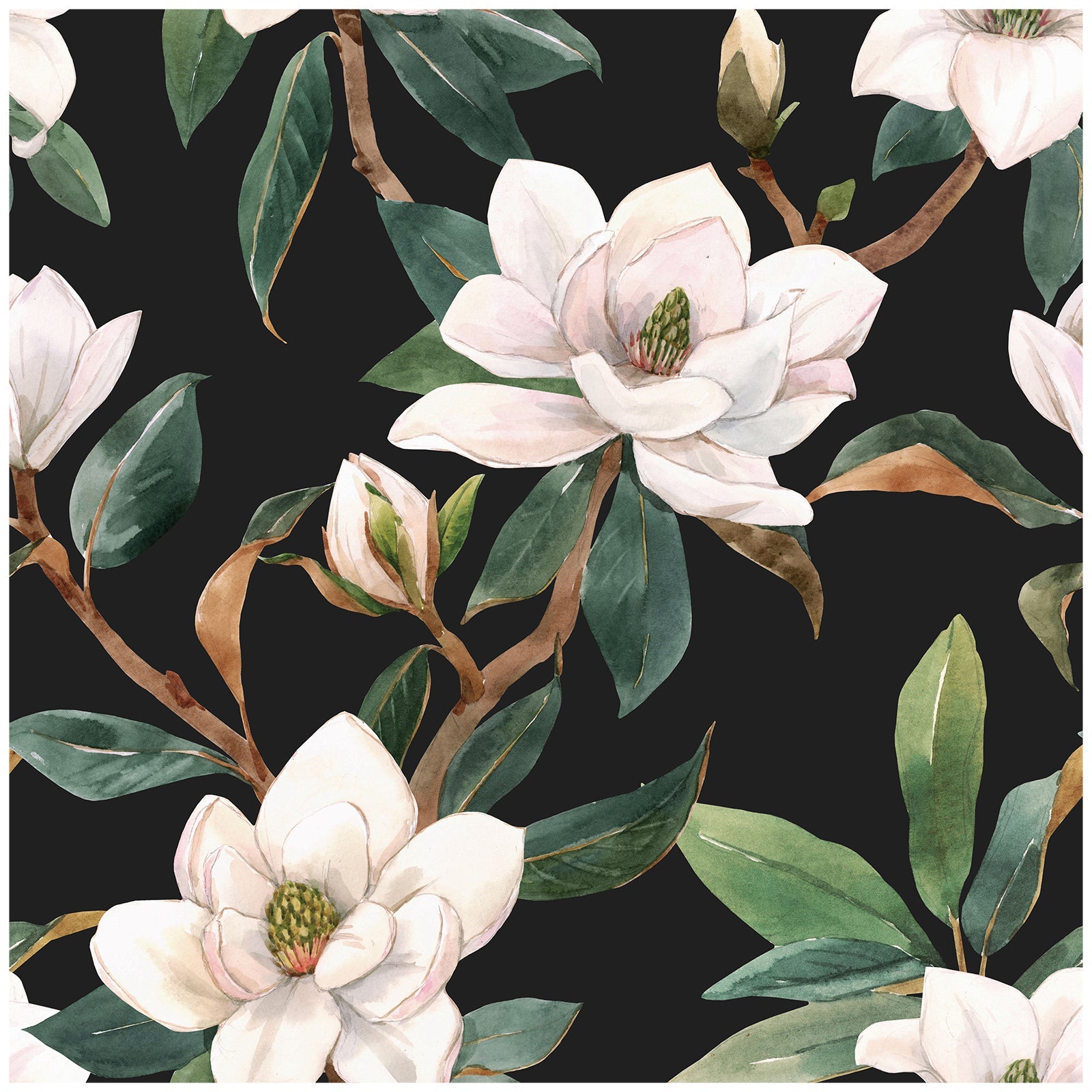 Floralplus Wallpaper Peel and Stick White Magnolia Floral Black Botanical Wall Decor Removable Self Adhesive Wall Mural for Bedroom Living Room Bathroom