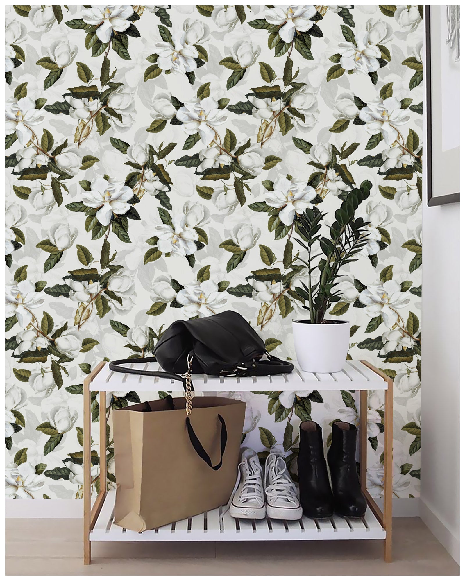 Floralplus Wallpaper Peel and Stick White Magnolia Floral Removable Wall Mural Self Adhesive Botanical Living Room Bedroom Bathroom Decor