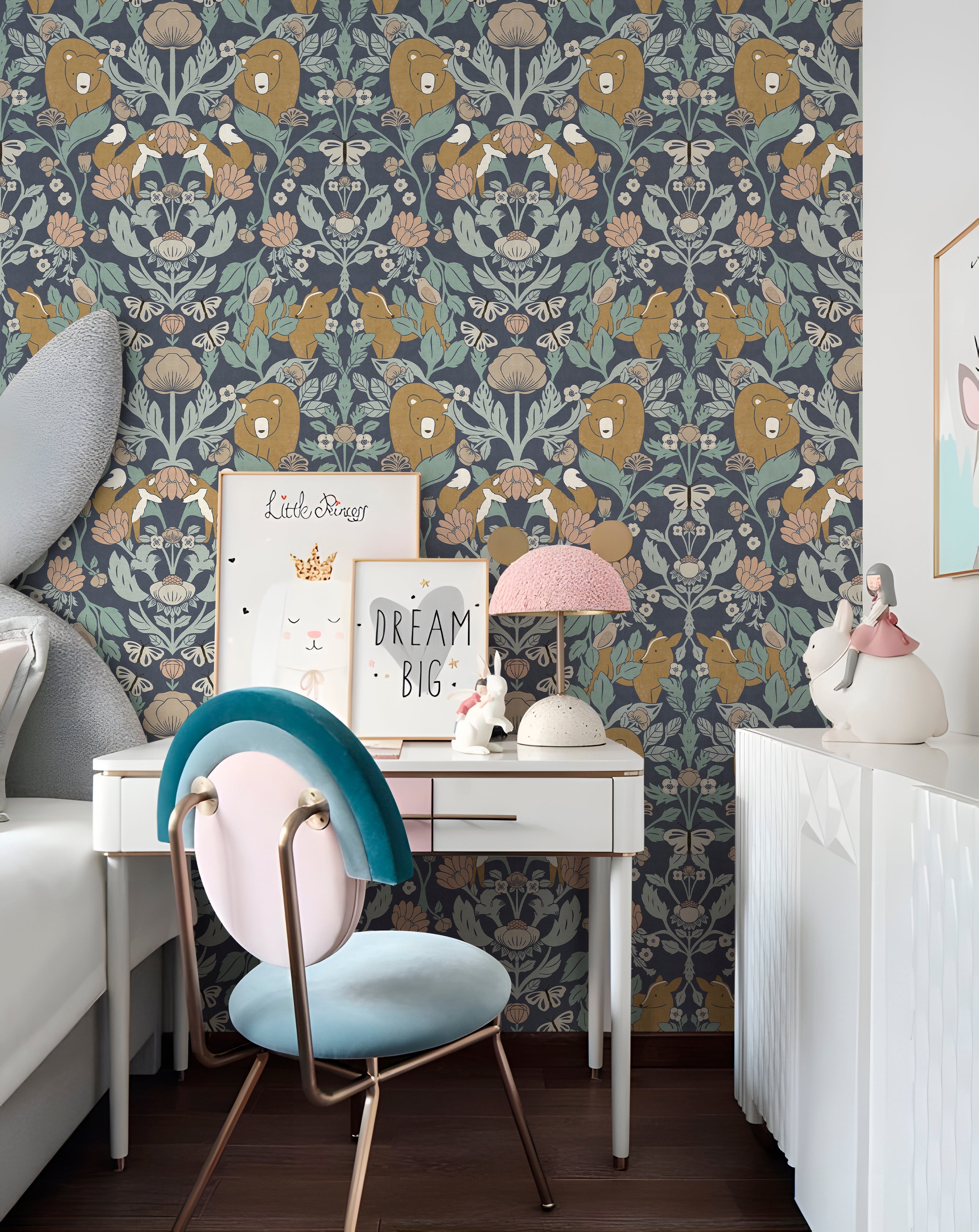 Floralplus Wallpaper Peel and Stick Woodland Animal Floral Navy Blue Kids Nursery Forest Bear Fox Butterfly Boho Removable Wall Decor Mural