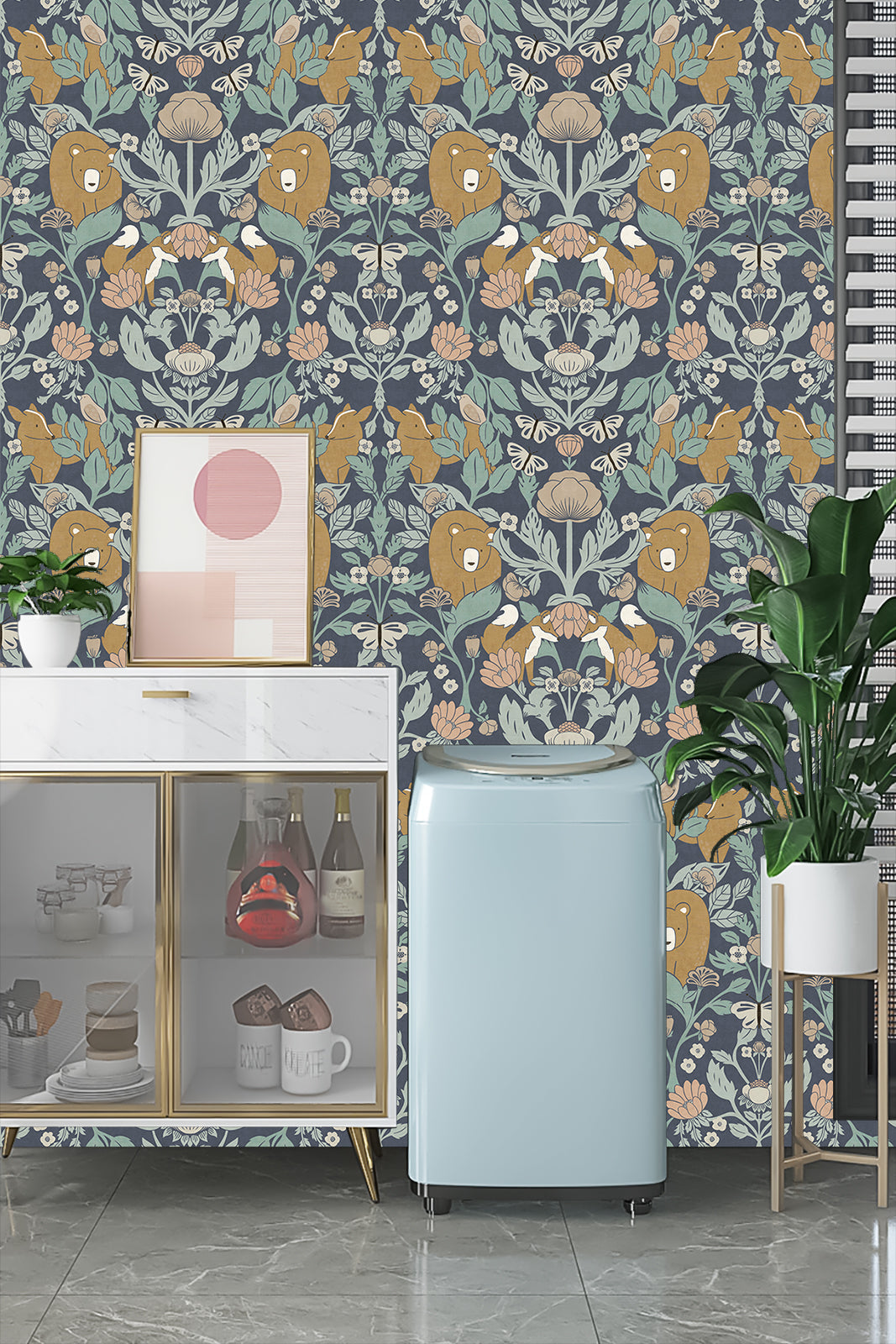 Floralplus Wallpaper Peel and Stick Woodland Animal Floral Navy Blue Kids Nursery Forest Bear Fox Butterfly Boho Removable Wall Decor Mural