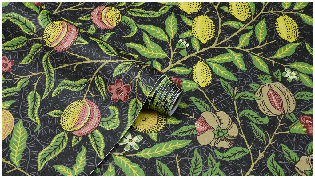 Floralplus Wallpaper Peel and Stick Vintage Fruit Botanical Black Wall Decor Retro Lemon Pomegranate Leaf Removable Self Adhesive Wall Mural for Bedroom Living Room