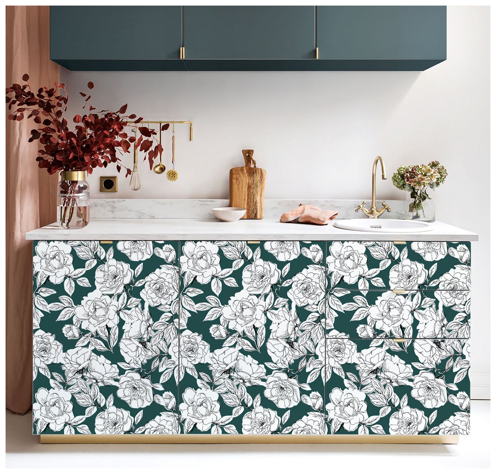 HaokHome 93171-3 Sketched Floral Wallpaper Peel and Stick Removable Blackish Green Vinyl Self Adhesive