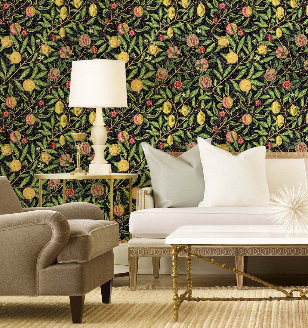 Floralplus Wallpaper Peel and Stick Vintage Fruit Botanical Black Wall Decor Retro Lemon Pomegranate Leaf Removable Self Adhesive Wall Mural for Bedroom Living Room