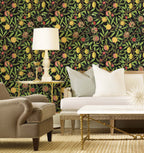 Floralplus Wallpaper Peel and Stick Vintage Fruit Botanical Black Wall Decor Retro Lemon Pomegranate Leaf Removable Self Adhesive Wall Mural for Bedroom Living Room
