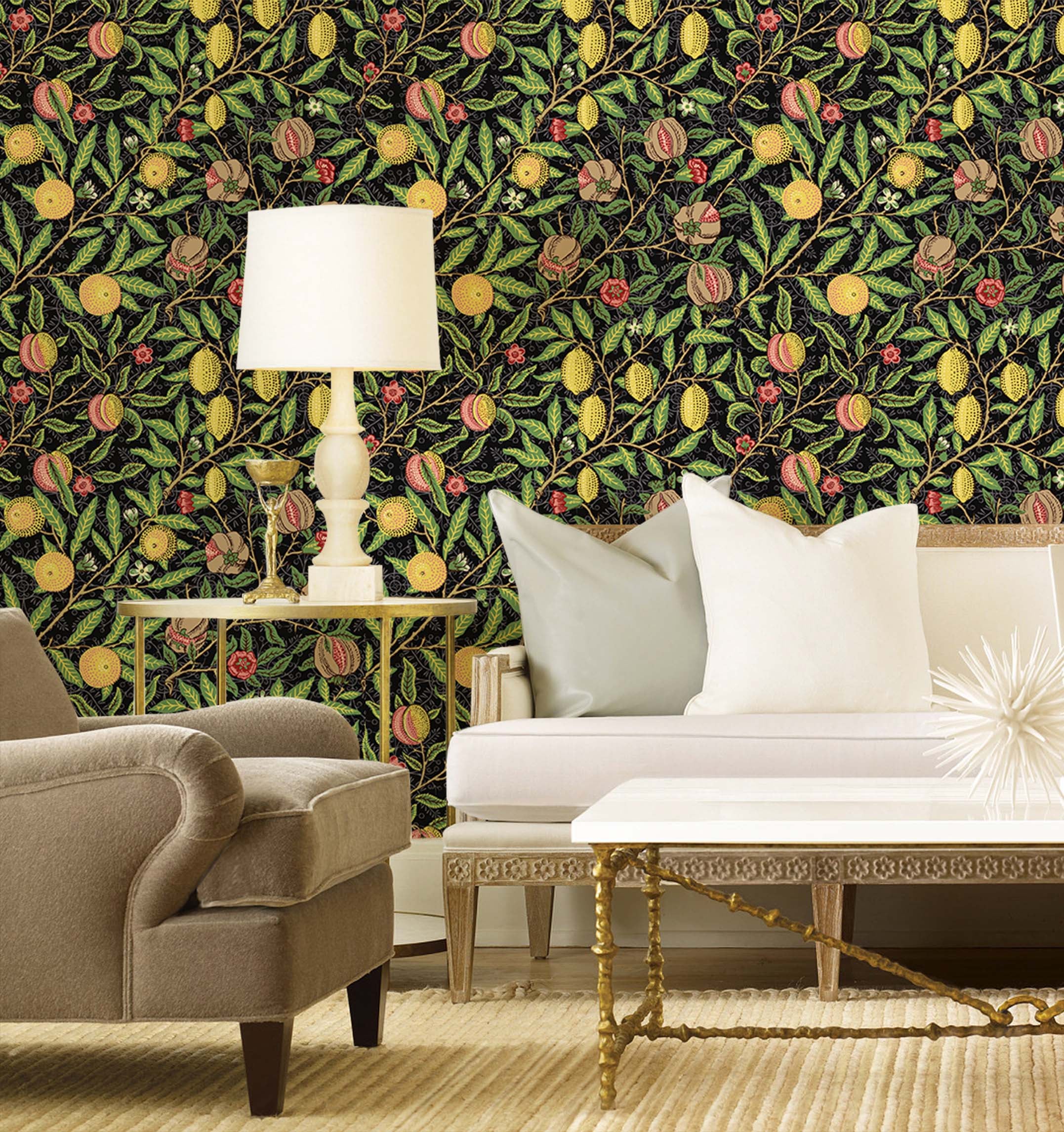 Floralplus Wallpaper Peel and Stick Vintage Fruit Botanical Black Wall Decor Retro Lemon Pomegranate Leaf Removable Self Adhesive Wall Mural for Bedroom Living Room