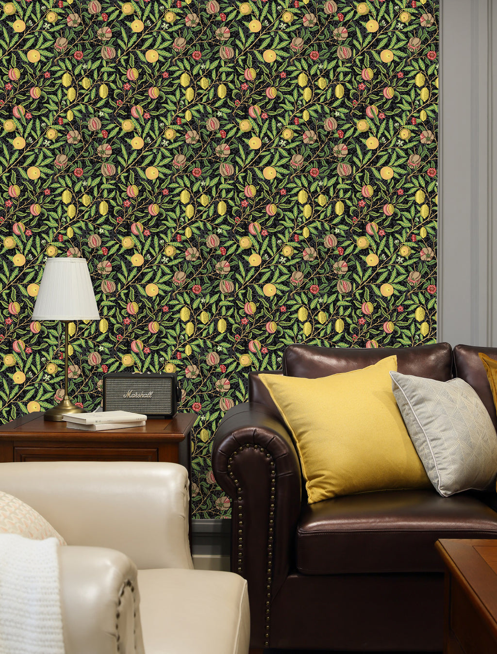 Floralplus Wallpaper Peel and Stick Vintage Fruit Botanical Black Wall Decor Retro Lemon Pomegranate Leaf Removable Self Adhesive Wall Mural for Bedroom Living Room