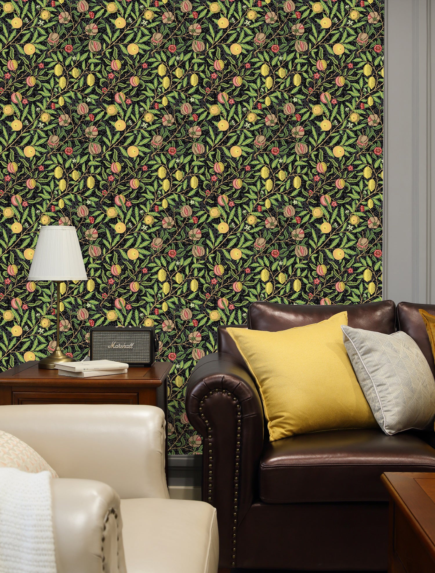 Floralplus Wallpaper Peel and Stick Vintage Fruit Botanical Black Wall Decor Retro Lemon Pomegranate Leaf Removable Self Adhesive Wall Mural for Bedroom Living Room
