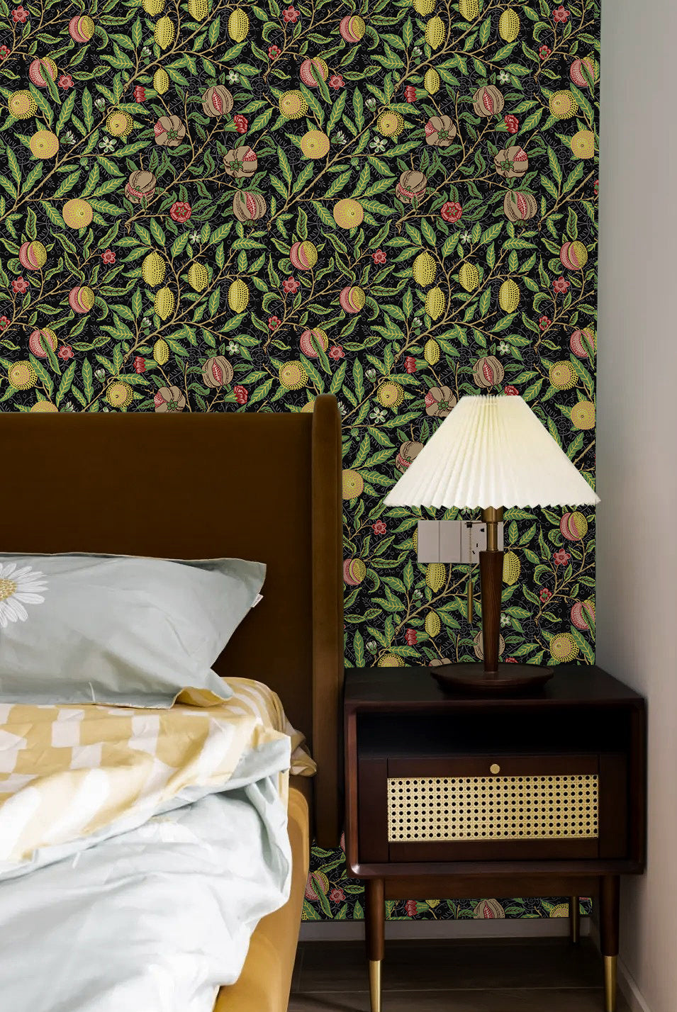 Floralplus Wallpaper Peel and Stick Vintage Fruit Botanical Black Wall Decor Retro Lemon Pomegranate Leaf Removable Self Adhesive Wall Mural for Bedroom Living Room