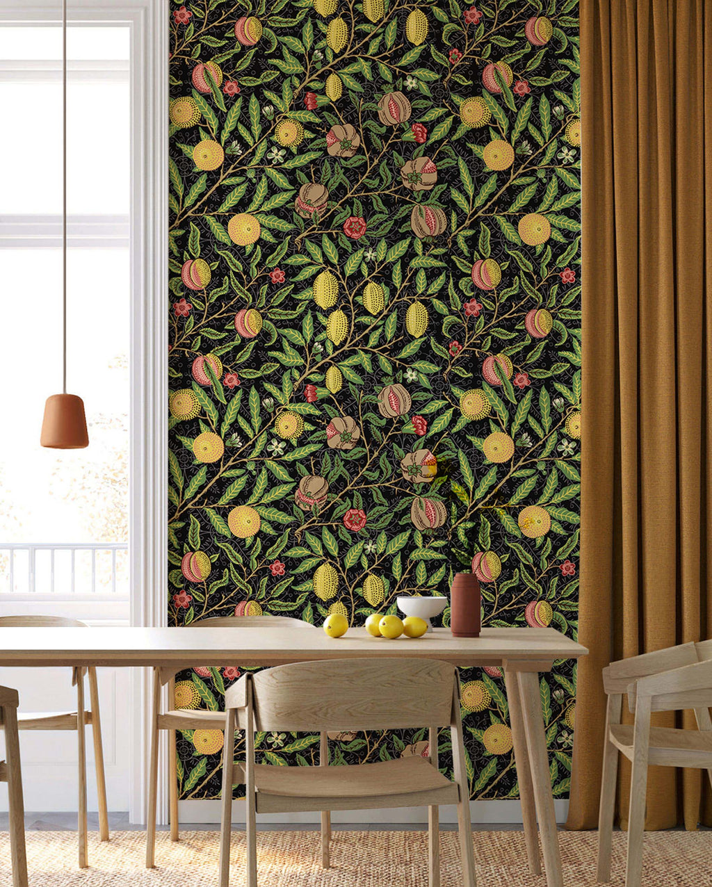 Floralplus Wallpaper Peel and Stick Vintage Fruit Botanical Black Wall Decor Retro Lemon Pomegranate Leaf Removable Self Adhesive Wall Mural for Bedroom Living Room