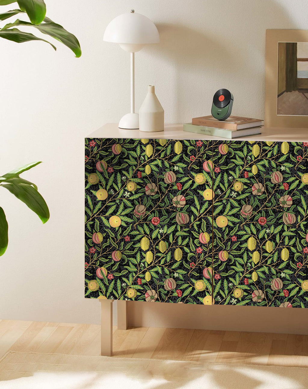 Floralplus Wallpaper Peel and Stick Vintage Fruit Botanical Black Wall Decor Retro Lemon Pomegranate Leaf Removable Self Adhesive Wall Mural for Bedroom Living Room