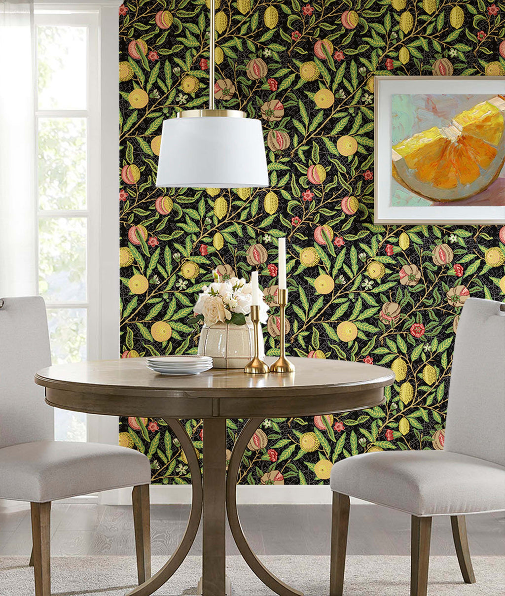 Floralplus Wallpaper Peel and Stick Vintage Fruit Botanical Black Wall Decor Retro Lemon Pomegranate Leaf Removable Self Adhesive Wall Mural for Bedroom Living Room