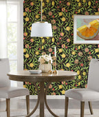 Floralplus Wallpaper Peel and Stick Vintage Fruit Botanical Black Wall Decor Retro Lemon Pomegranate Leaf Removable Self Adhesive Wall Mural for Bedroom Living Room
