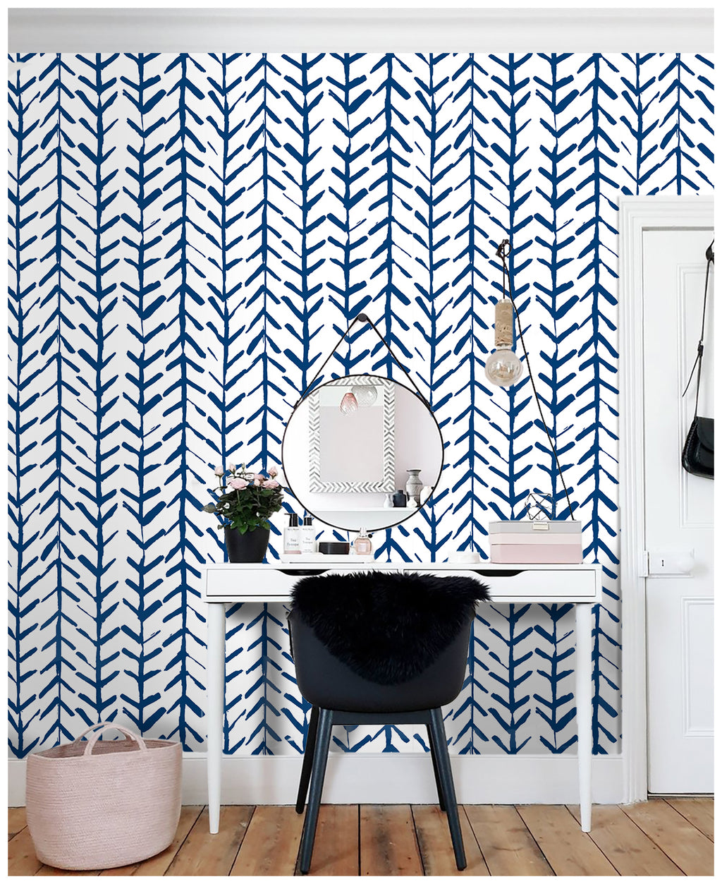 Floralplus Boho Blue Chevron Leaf Peel and Stick Wallpaper Bohemian Removable Wall Decor for Living Room Bedroom