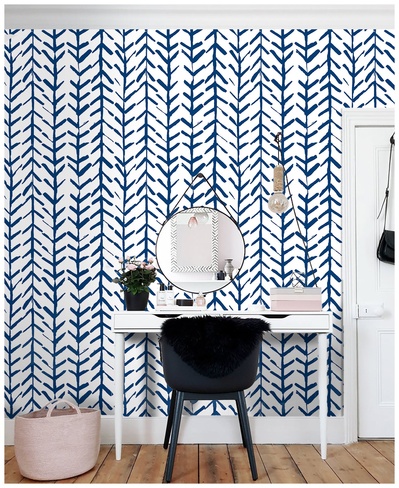 Floralplus Boho Blue Chevron Leaf Peel and Stick Wallpaper Bohemian Removable Wall Decor for Living Room Bedroom